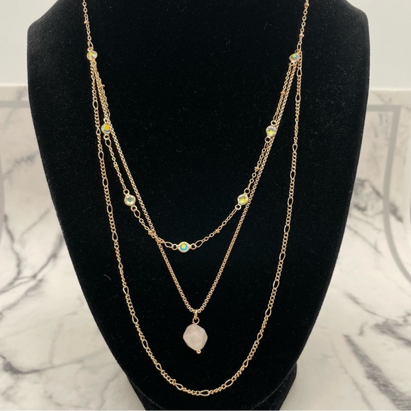 New Jolli Molli Layered Necklace Gold Tone Chain Quartz Stone Accent - Picture 2 of 6